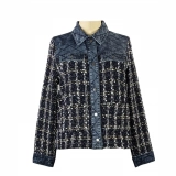Denim + pleated cotton + jacquard flannelette jacket
