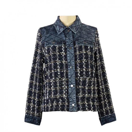 Denim + pleated cotton + jacquard flannelette jacket Denim + pleated cotton + jacquard flannelette jacket