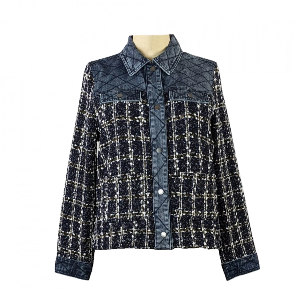 Denim + pleated cotton + jacquard flannelette jacket