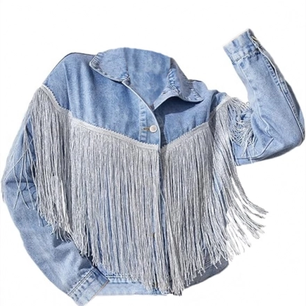 Ladies Denim Jacket-Rhinestone fringe decoration