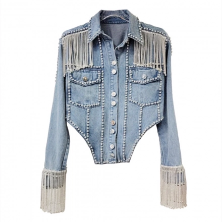 Ladies Denim Jacket-Rhinestone fringe decoration