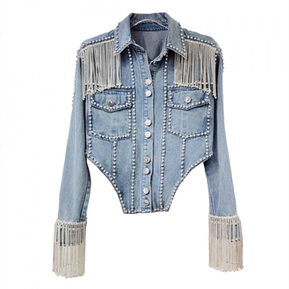 Ladies Denim Jacket-Rhinestone fringe decoration