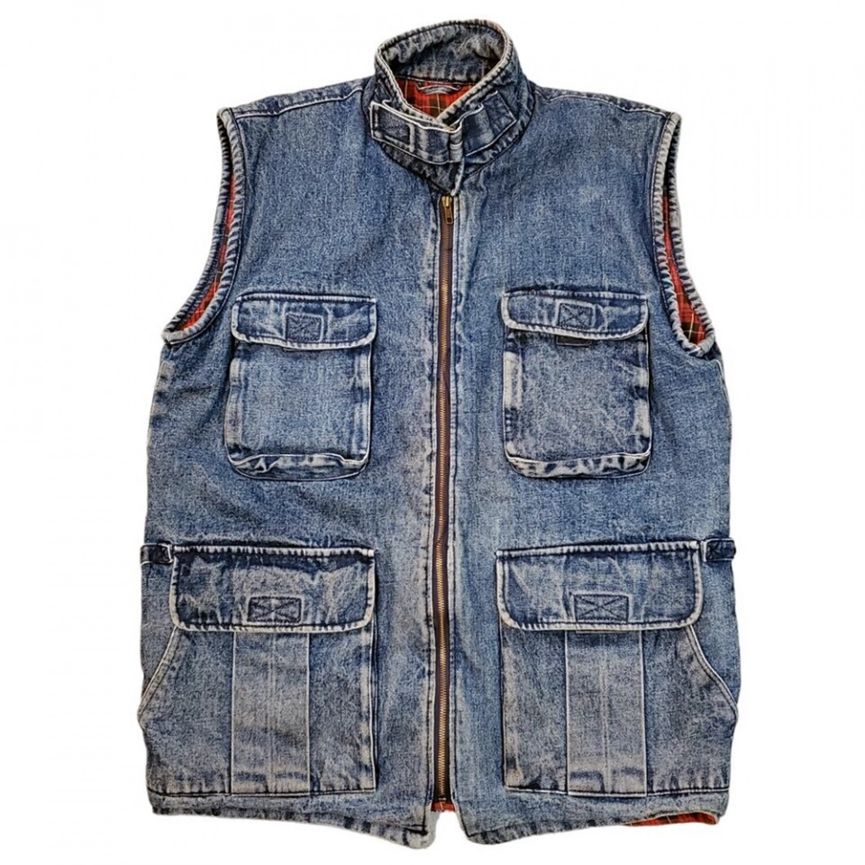 Men's Denim Vest-Plaid hanging inside +Cargo