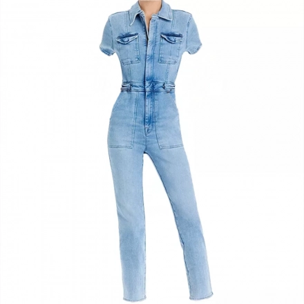 The women's one-piece denim outfit features short sleeves and trousers.