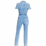 The women's one-piece denim outfit features short sleeves and trousers. (2)