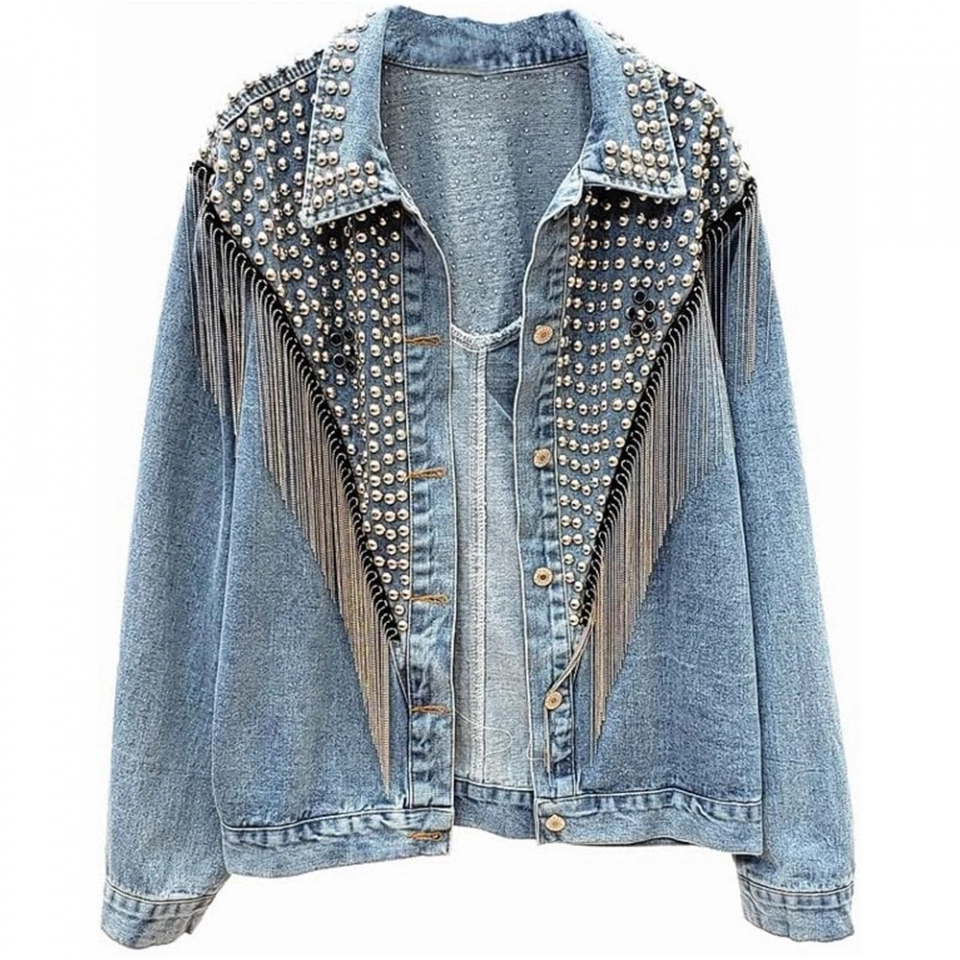 Women's Denim Jacket-Rhinestone effect