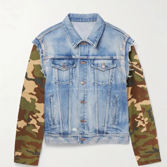 Women's Denim Jacket-Sleeve puzzle color print Women's Denim Jacket-Sleeve puzzle color print