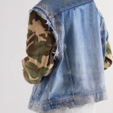 Women's Denim Jacket-Sleeve puzzle color print (2)