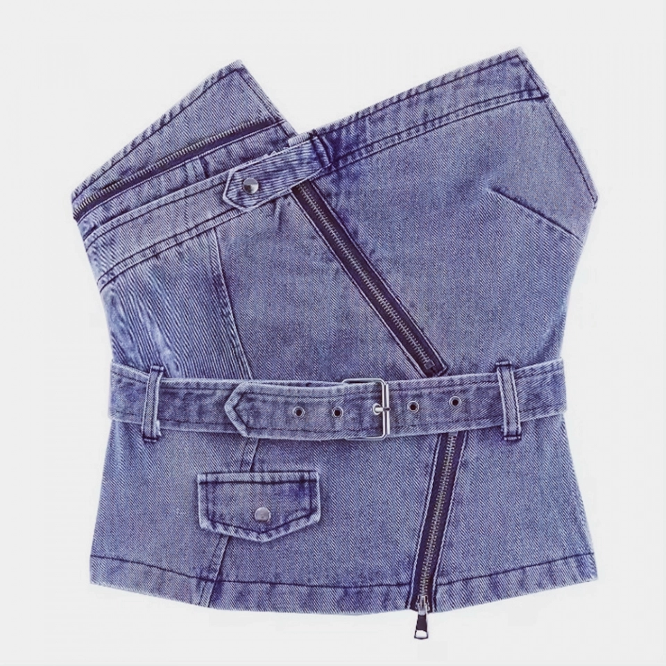 Women's Denim Tops-Irregular zipper